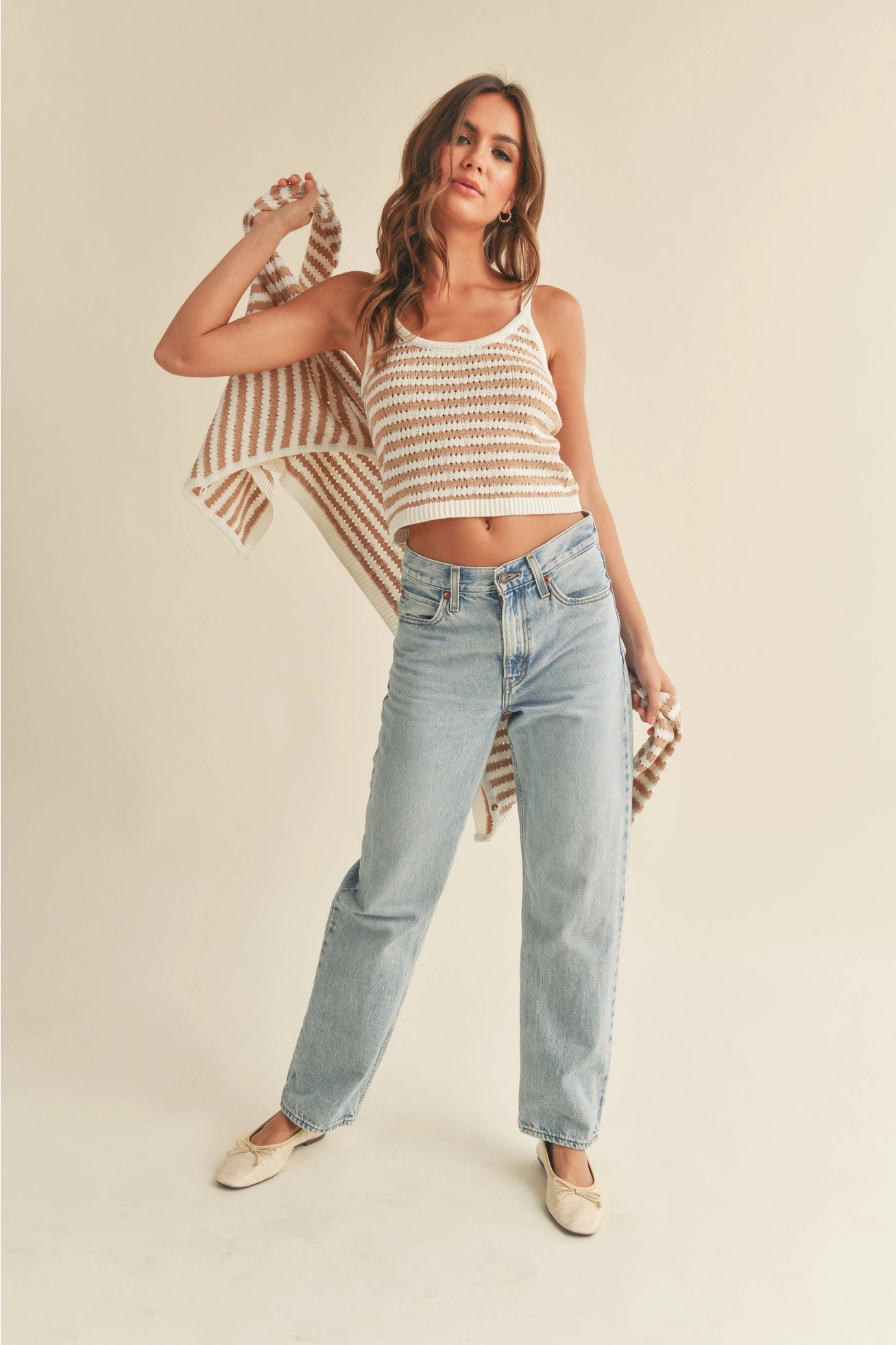 Crochet Knitted Tank-Tan/White