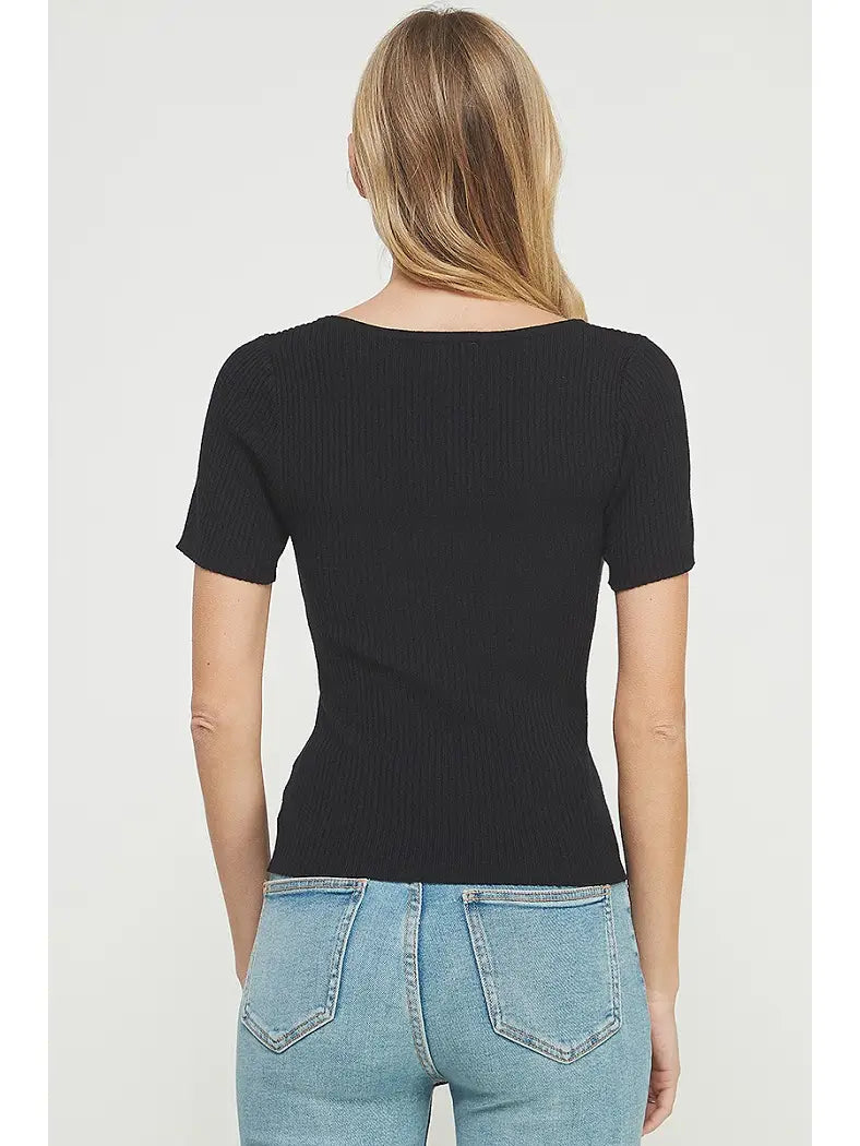 Square Neck Ribbed Fine Gauze Top-Black