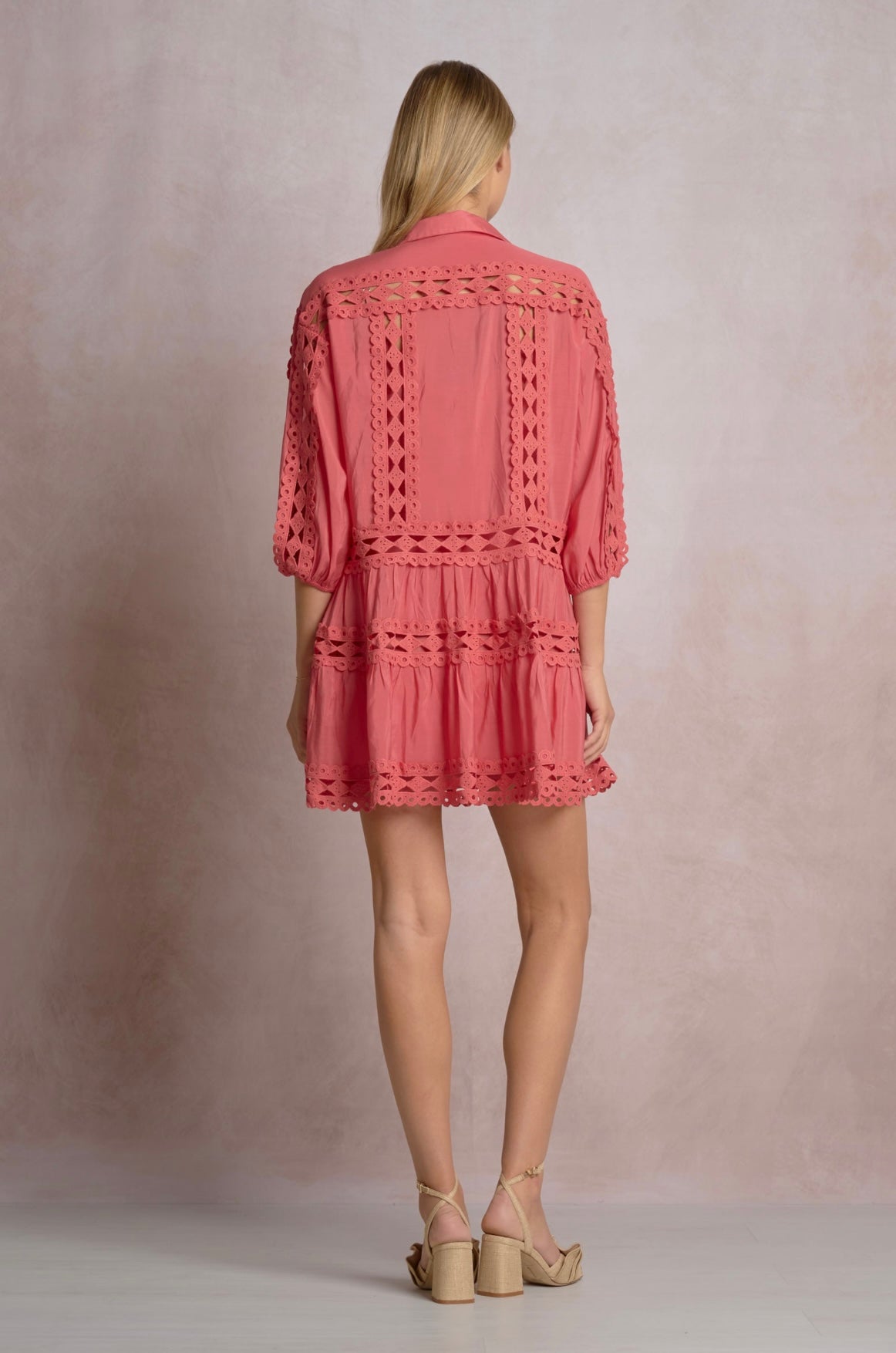 3/4 Sleeve Collare Dress-Bright Pink