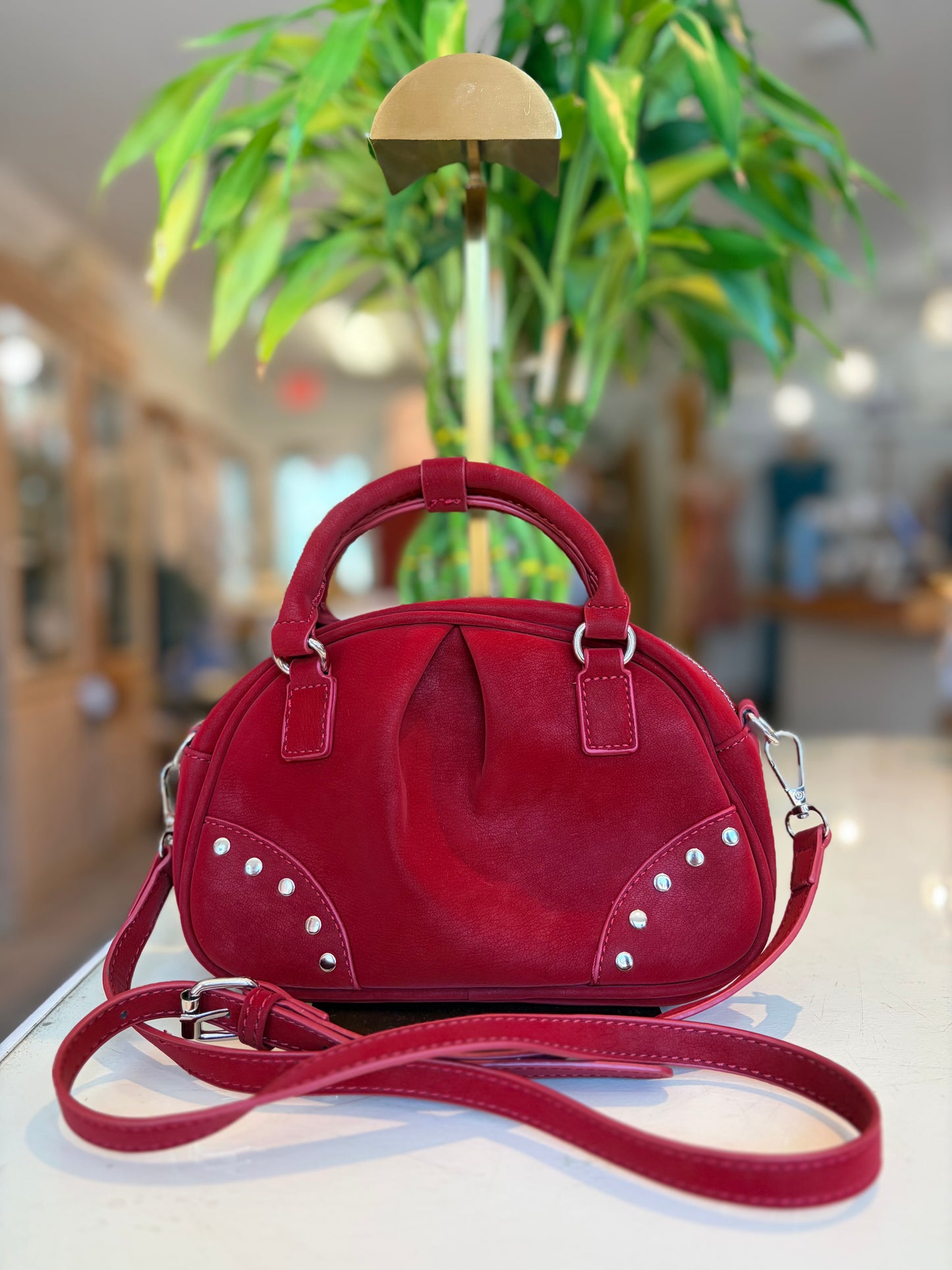 Suede Like Microfiber Leather Bowling/Crossbody Bag-Red