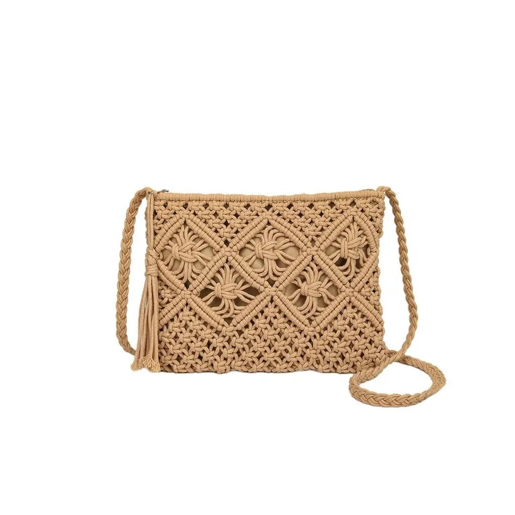 Woven Bohemian Tassel Crochet Shoulder Bag-Camel
