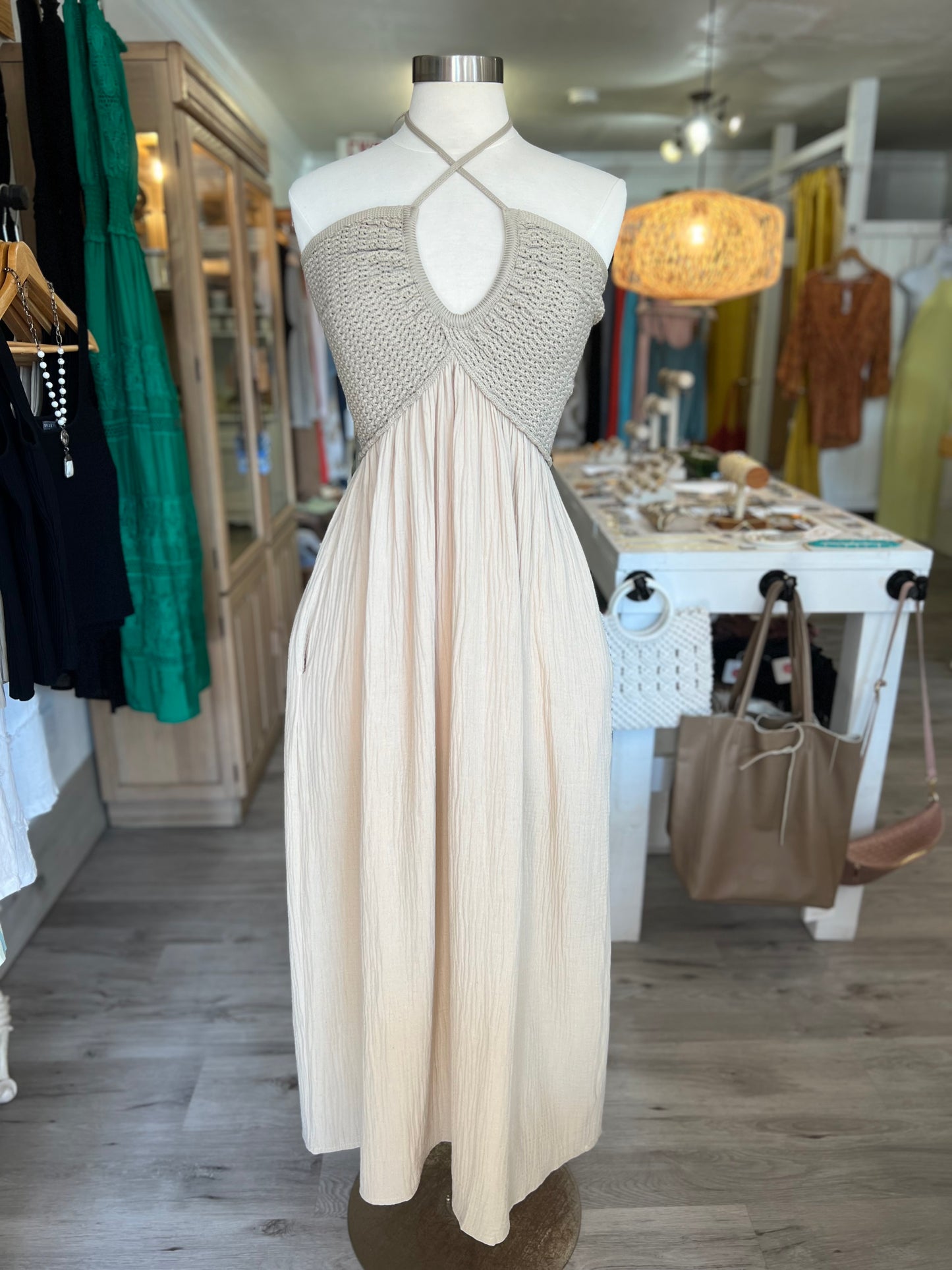Washed Gauze w/ Crochet Top Contrast Dress-Sand