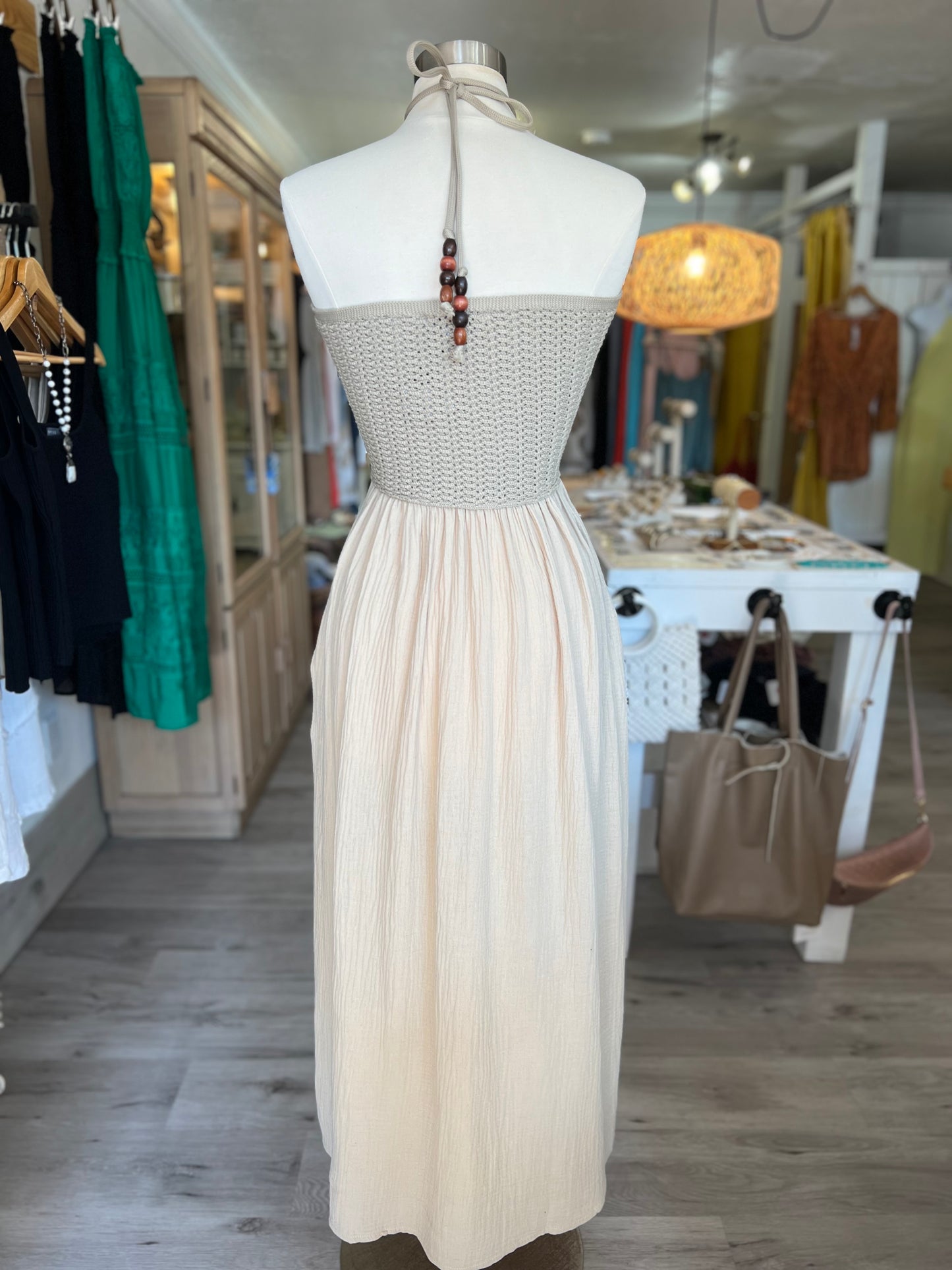 Washed Gauze w/ Crochet Top Contrast Dress-Sand
