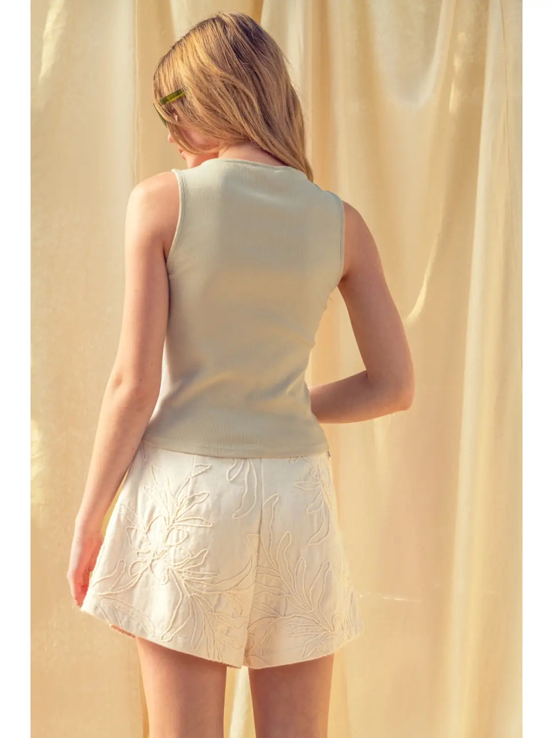 Ribbed S/L Button Detail on Side Top-Sage