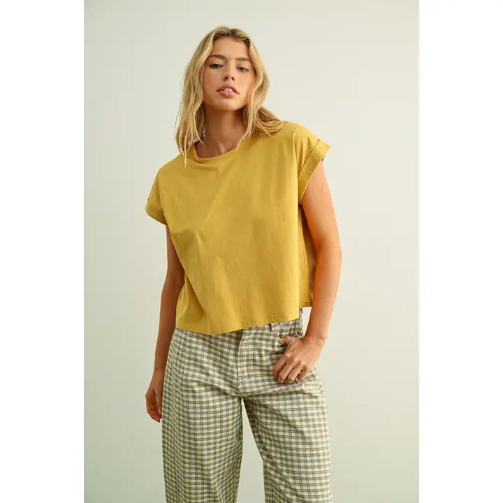Round Neck Cuffed Sleeve Top-Mustard