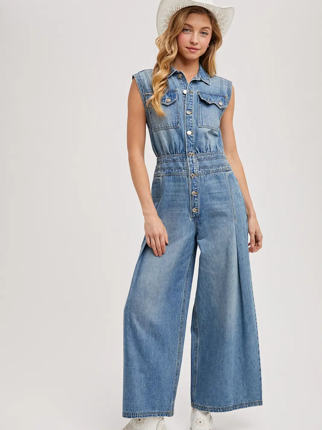 Denim Sleeveless Shirt Jumpsuit-Light Wash