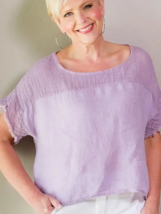 Frayed Mixed Media Top-Lilac Enzyme