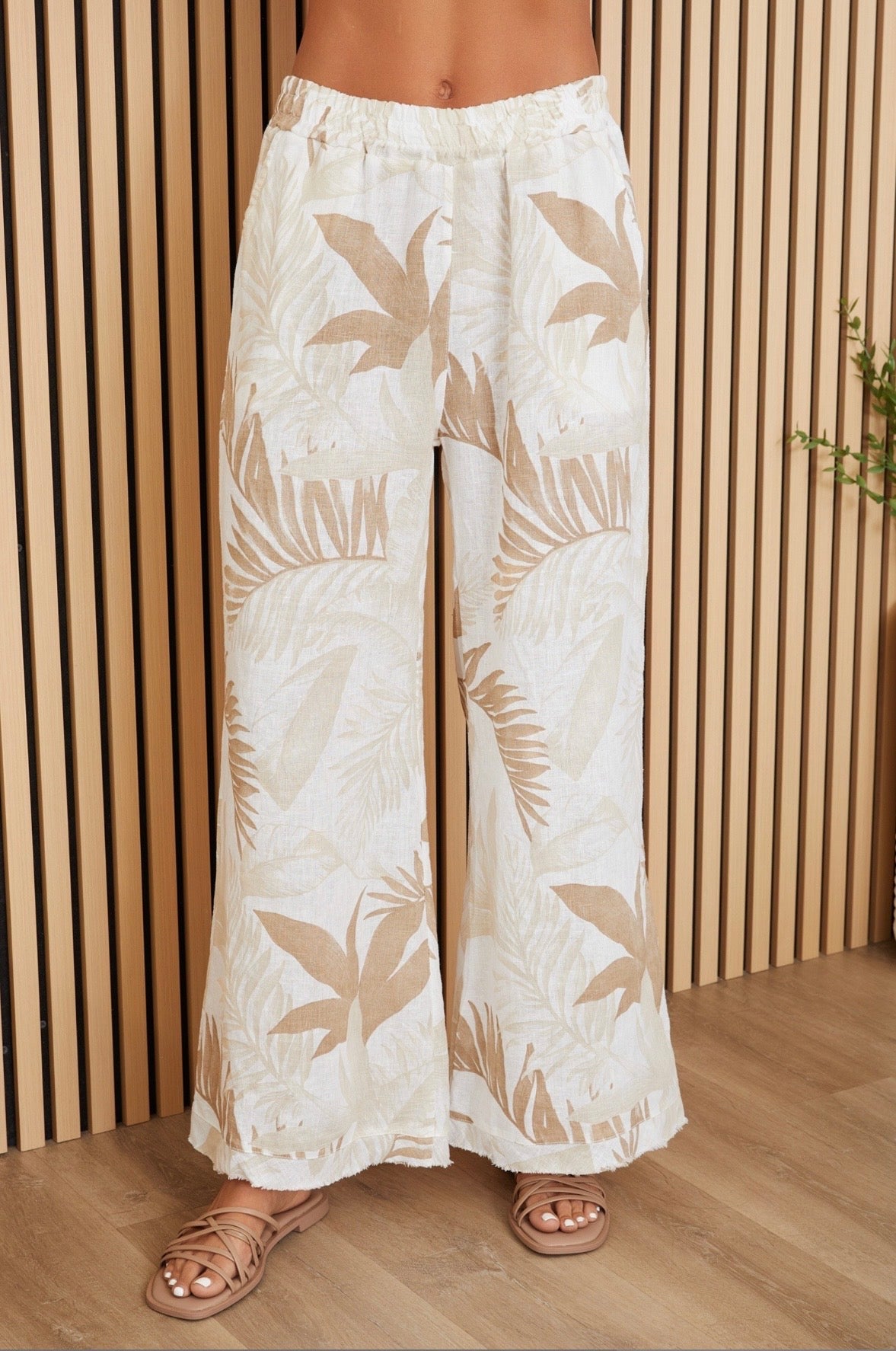 Hawaiian Print Fringe Hem Wide Leg Linen Pants White/Beige