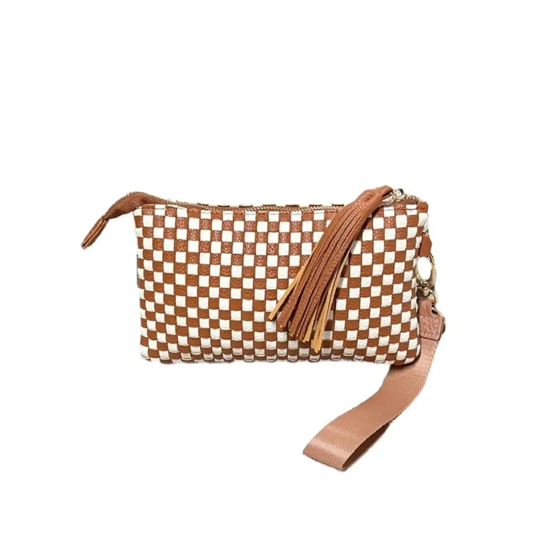 Woven Wonderlust Clutch Wristlet-Camel Checkered