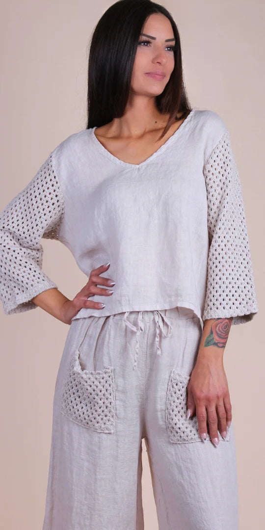 Primavera Linen Top-Beige