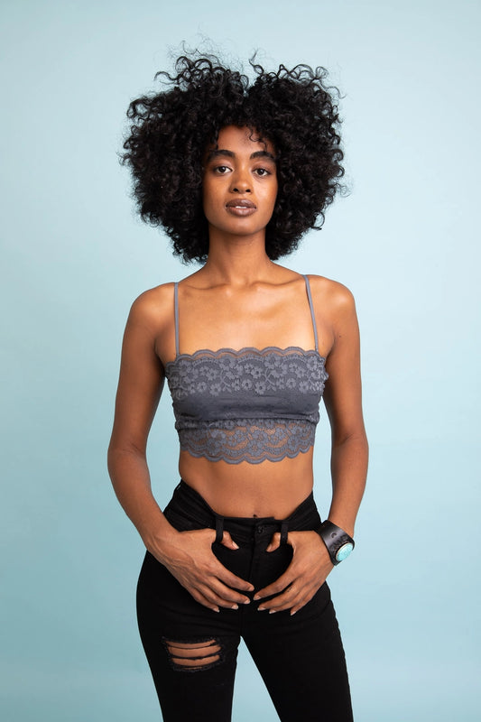 Wide Lace Bandeau Tank Top - Grey