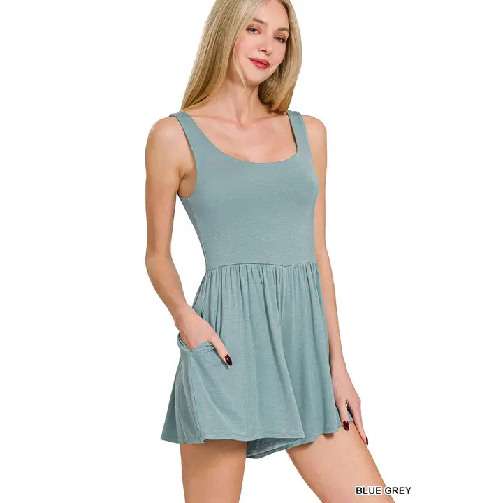 Double Layer Tank Romper-Blue Grey
