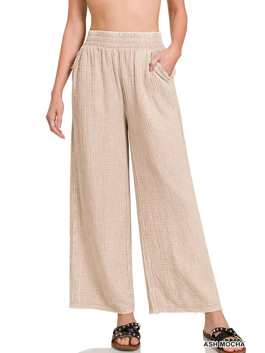 Washed Double Gauze Elastic Band Waist Pants-Ash Mocha