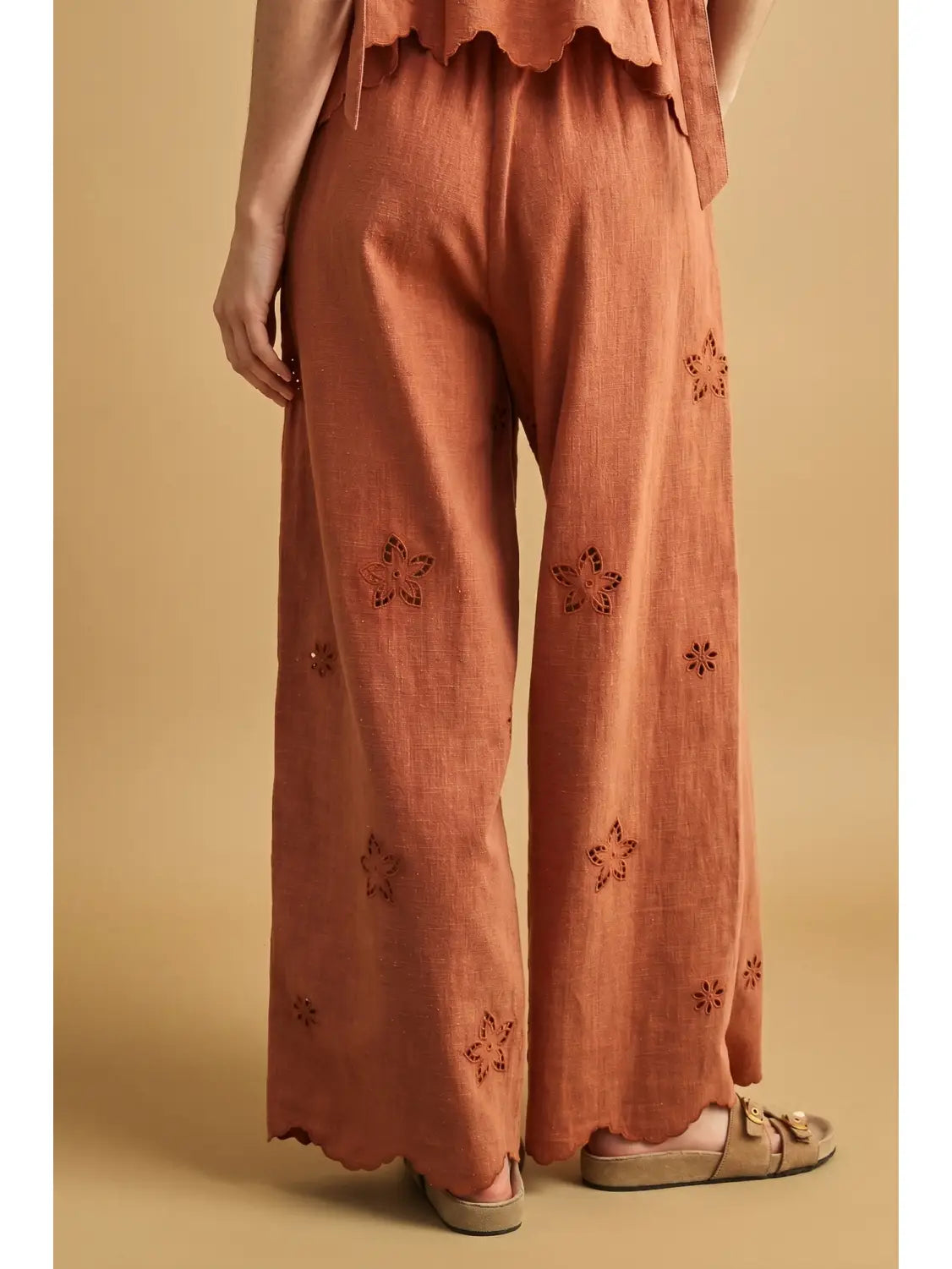 Embroidered Elastic Waist Pants-Clay