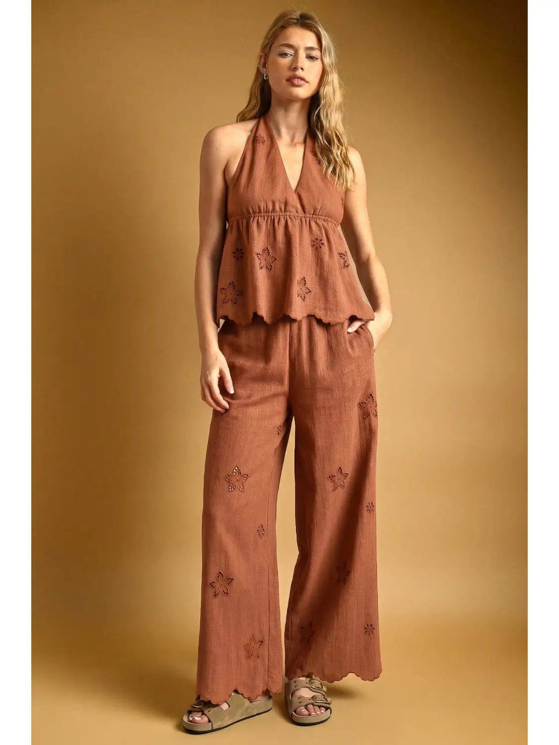 Embroidered Linen Top w/Tie Strap-Clay