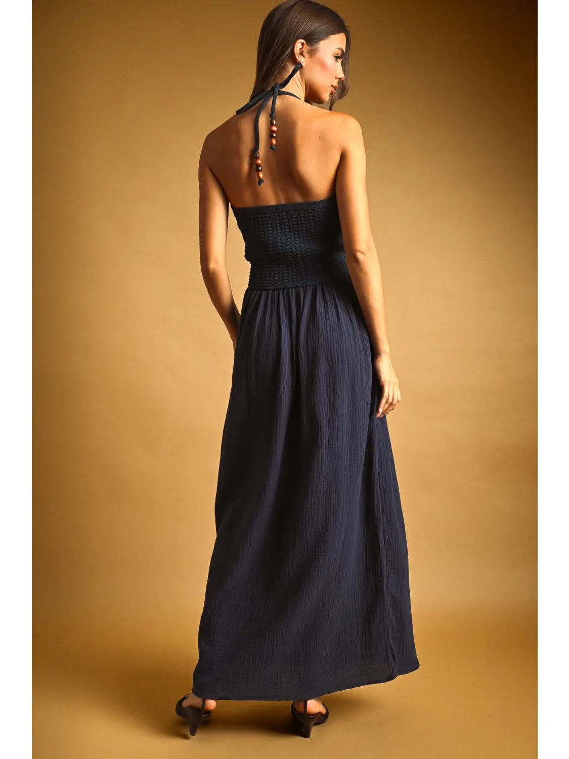 Washed Gauze w/Crochet Top Contrast Dress-Navy