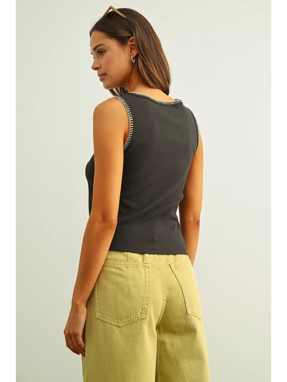 Mini Ribbed Knit Top w/Stitch Detail-Charcoal