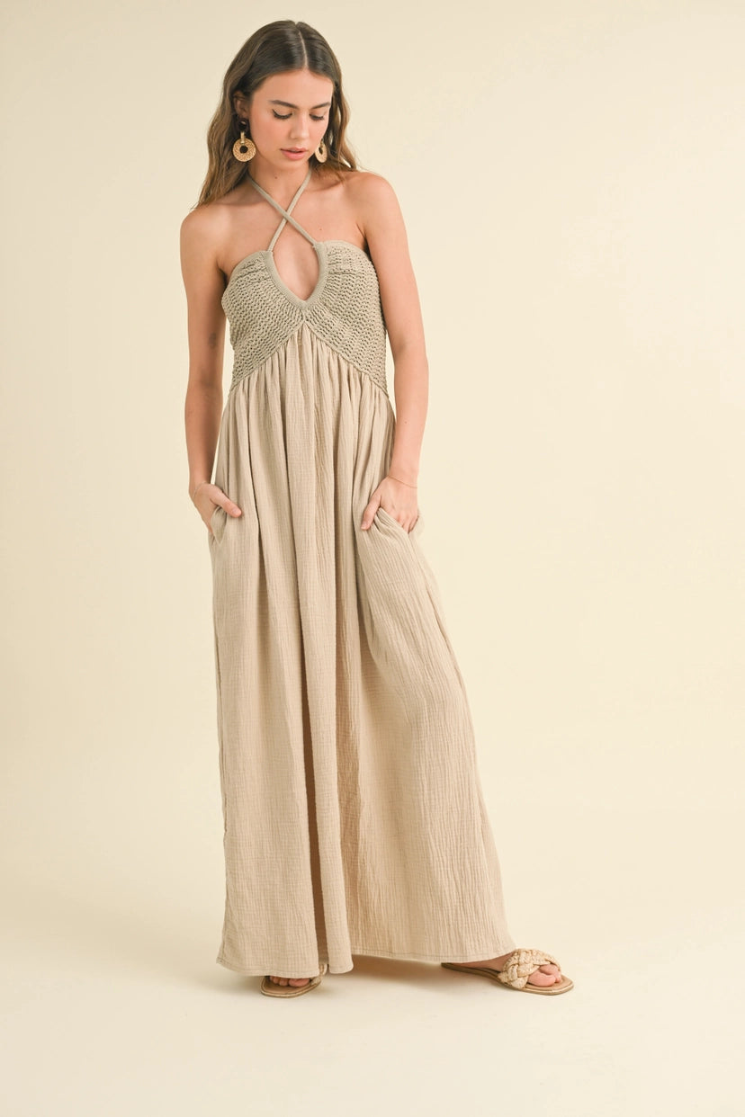 Washed Gauze w/ Crochet Top Contrast Dress-Sand