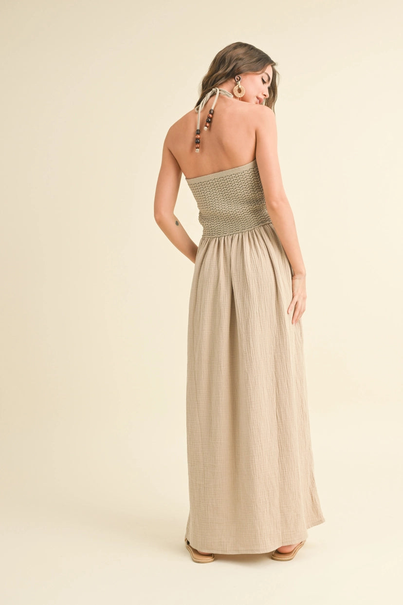 Washed Gauze w/ Crochet Top Contrast Dress-Sand