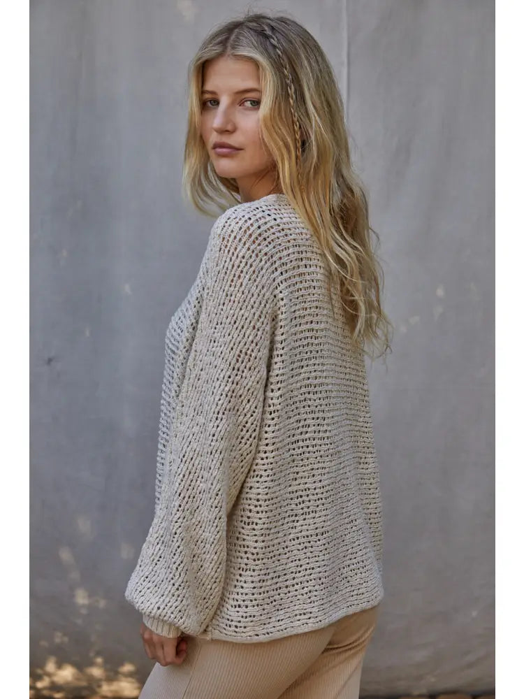 Knit Sweater Crochet Round Neck Long Sleeve Top-Natural