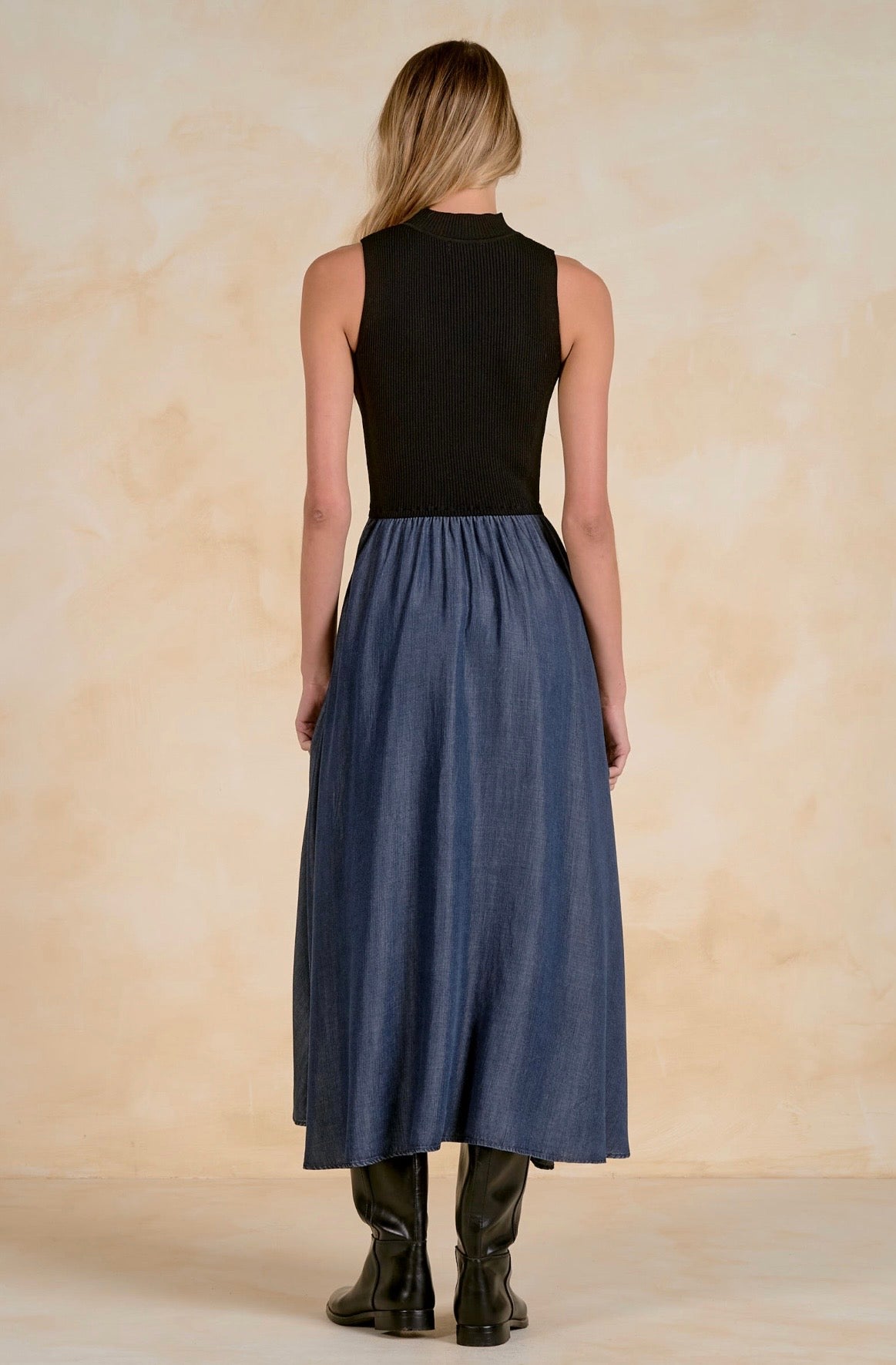 Maxi Mock Neck Sleeveless Dress-Navy/Black Combo