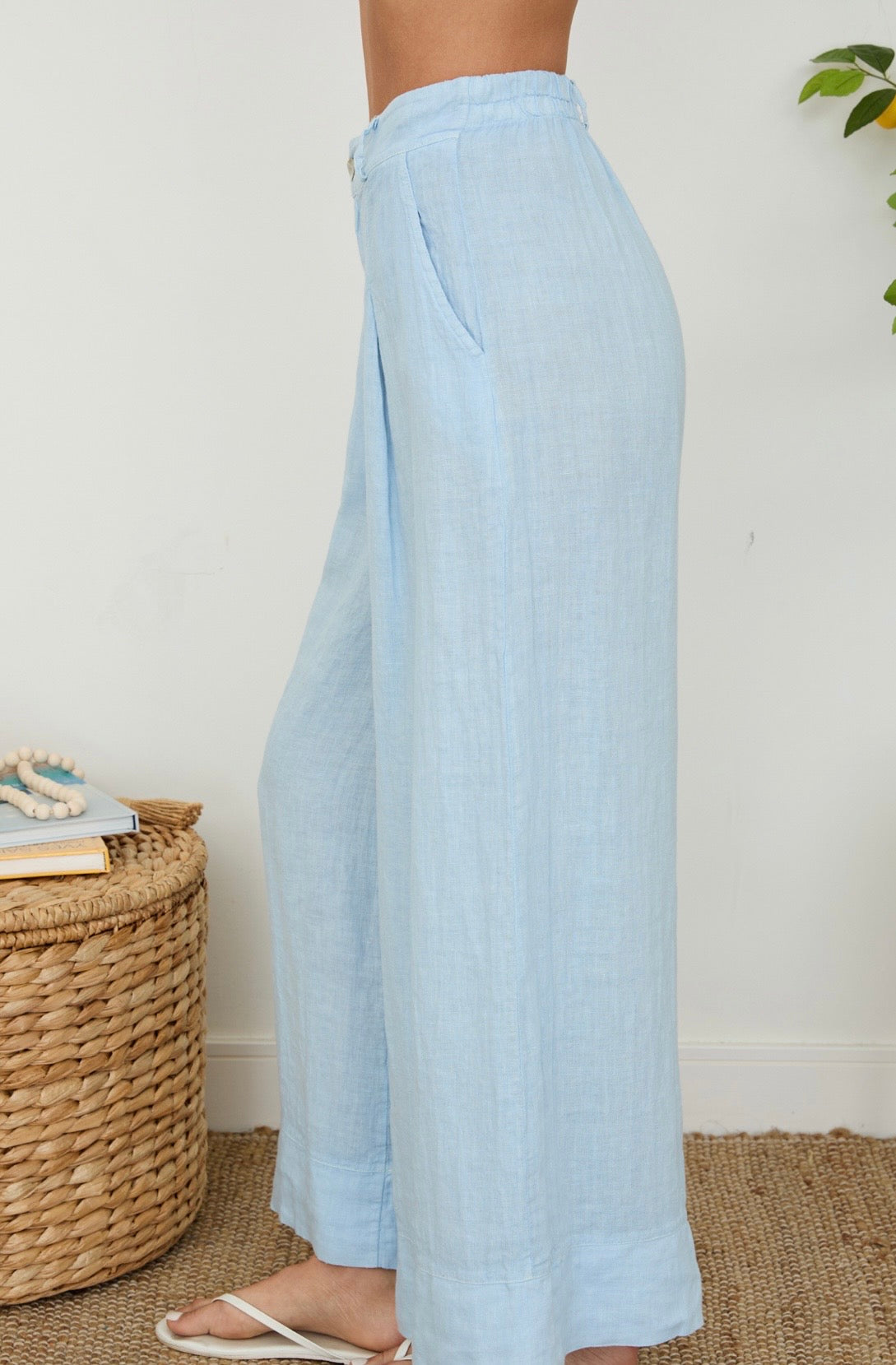 Linen Pleat Button Front Palazzo Pants-Sky Blue