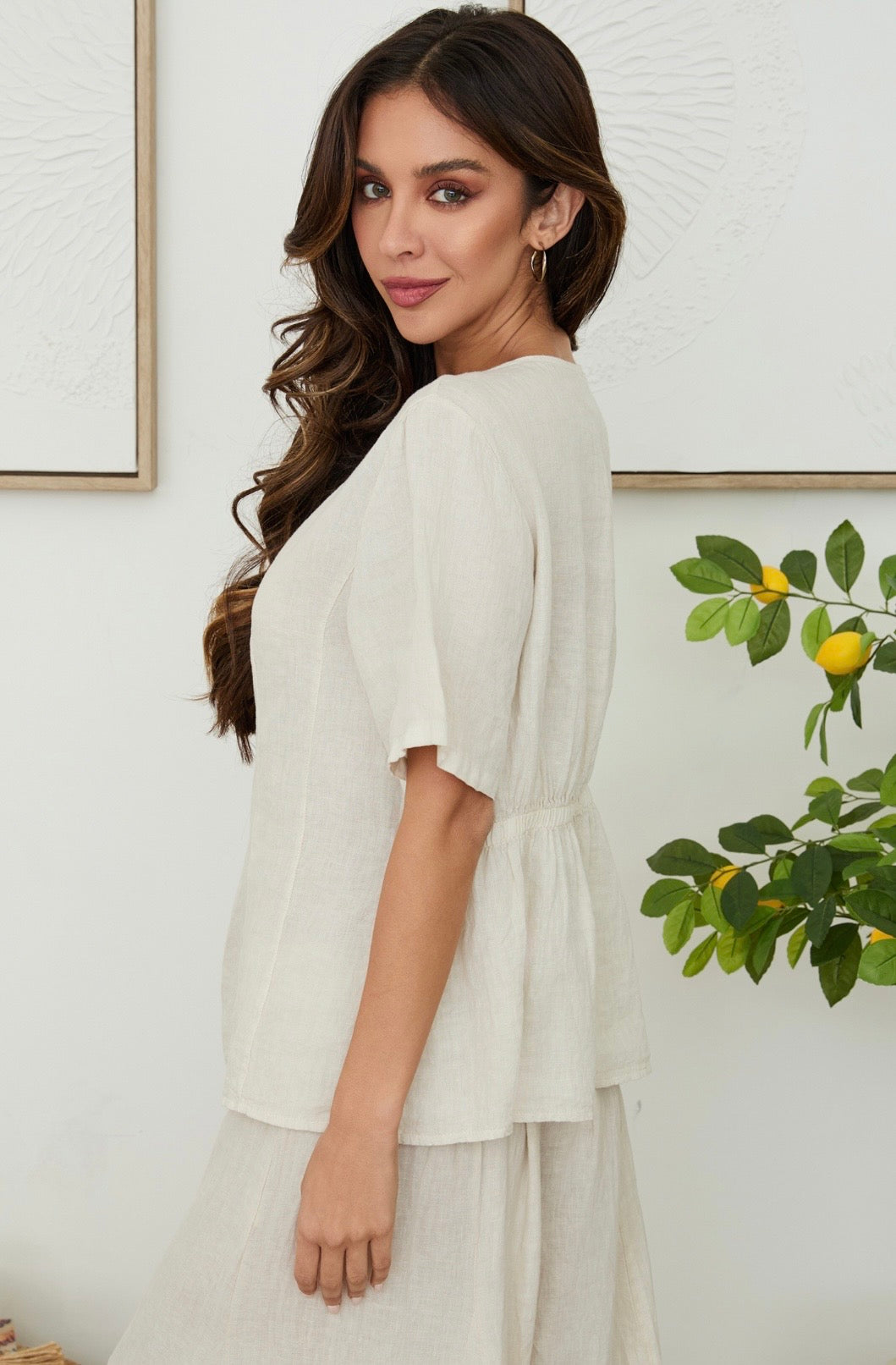 Linen Scoop Neck Peplum Top w/EW-Beige