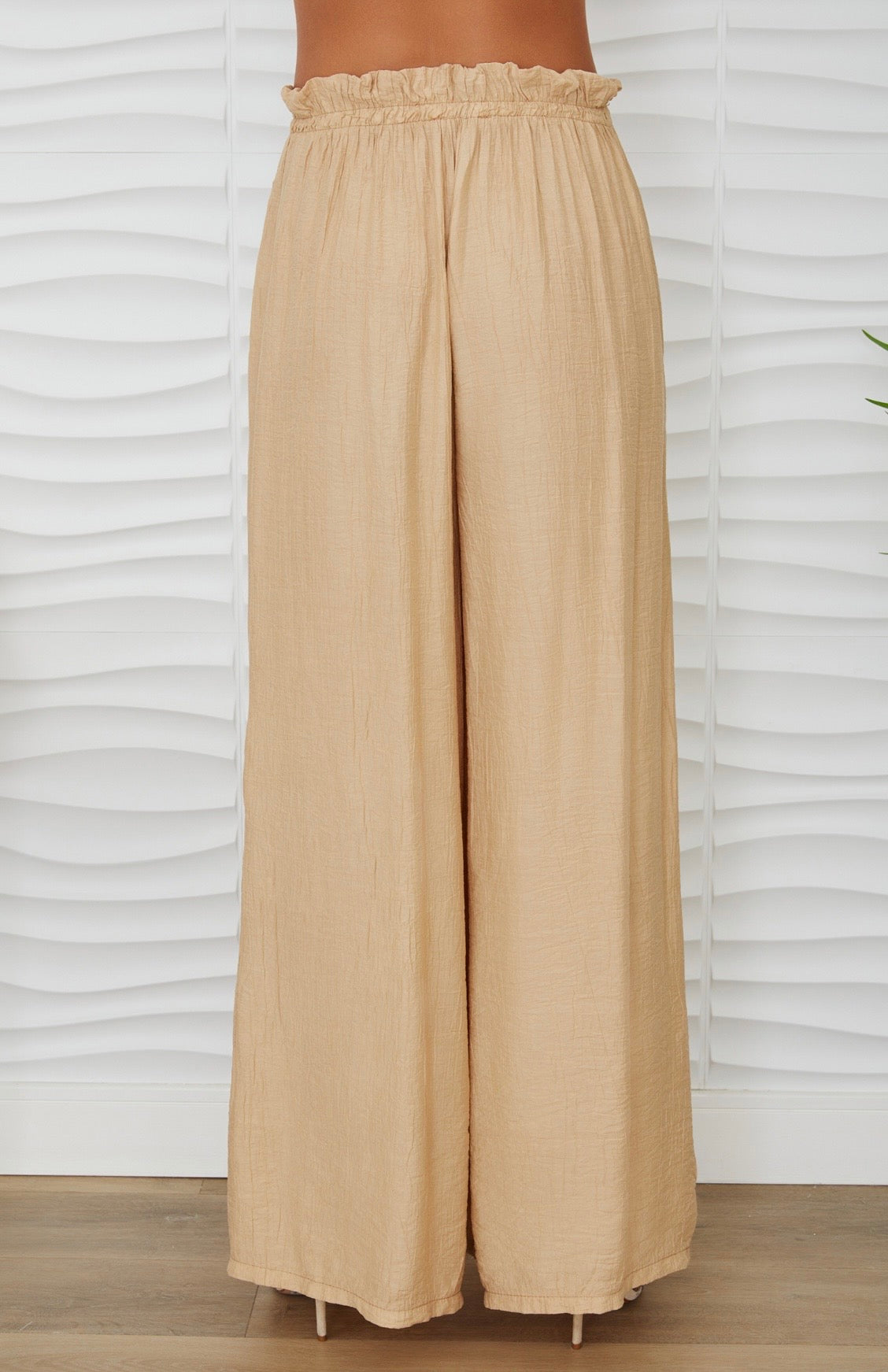 Crinkle EW Tie Front Wide Leg w/Pockets-Light Camel