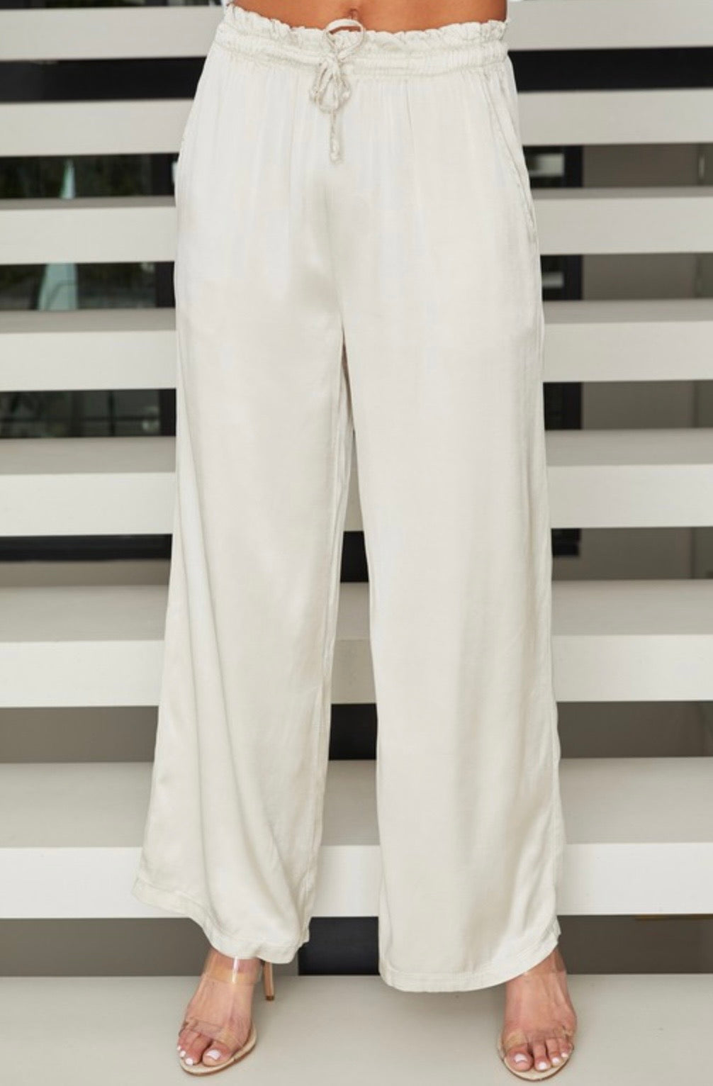 Viscose Wide Leg Palazzo w/Pockets & Drawstring-Beige