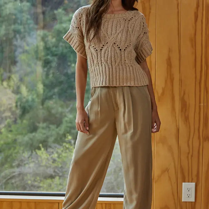 Knit Sweater Crochet Round Neck Short Sleeve-Taupe
