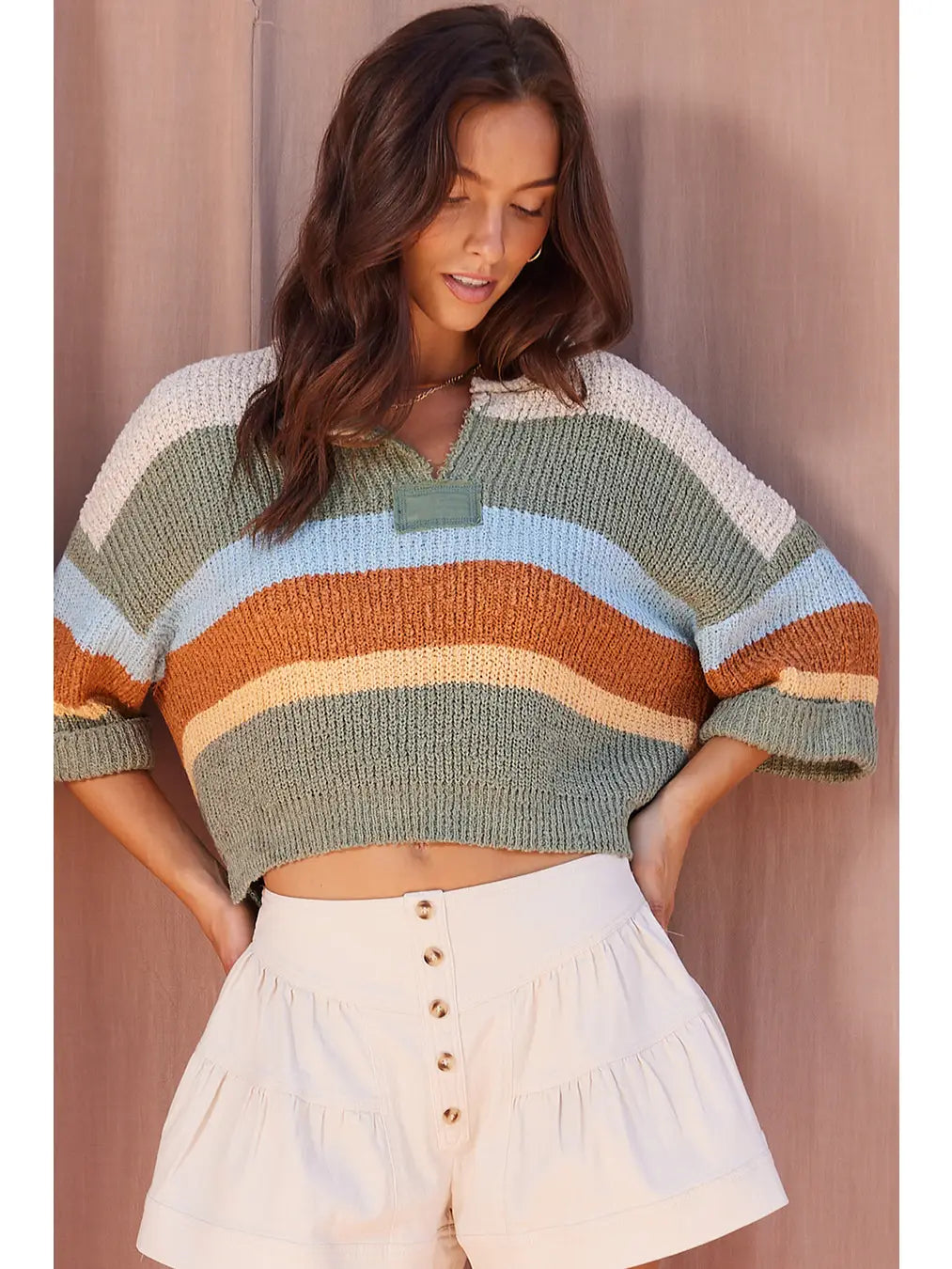 Multi Stripe Patch Sweater-Sage Multi