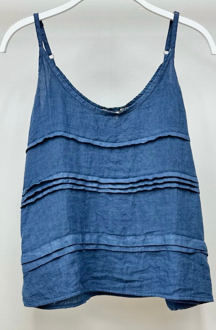 Front Pleated Tank Top w/Adjustable Straps-Denim Blue