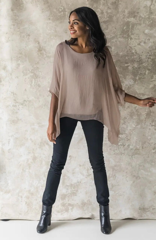 (Martina) Silk Top with Asymmetrical Hemline-Taupe