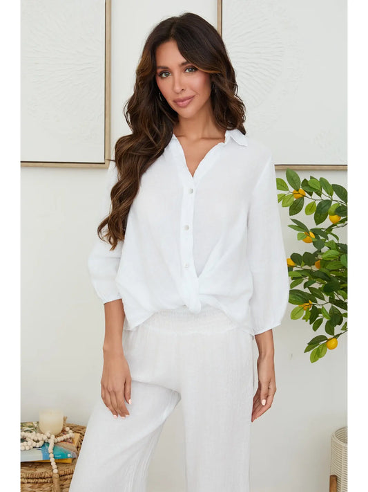Linen Long Sleeve Front Twist Hem Henley Top-White