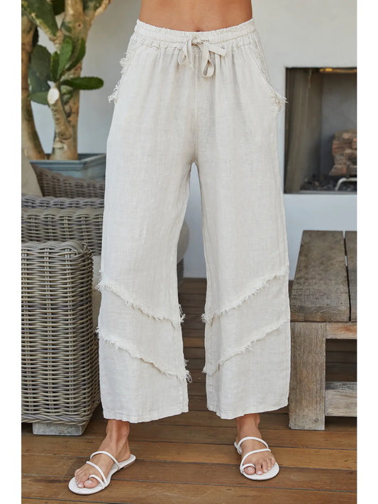 Italian Linen Frill Trim Palazzo Pants-Beige