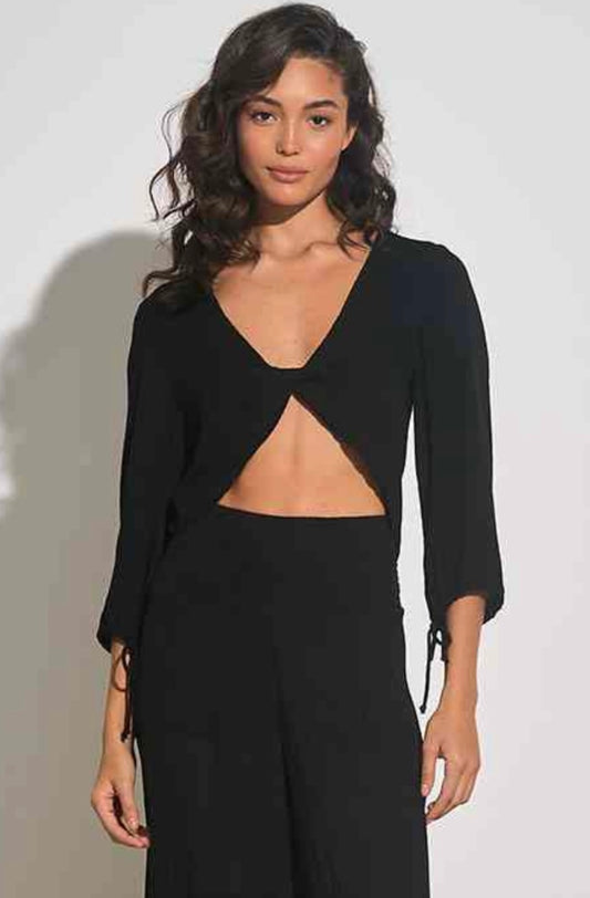 Off Shoulder Tie Front Top-Black