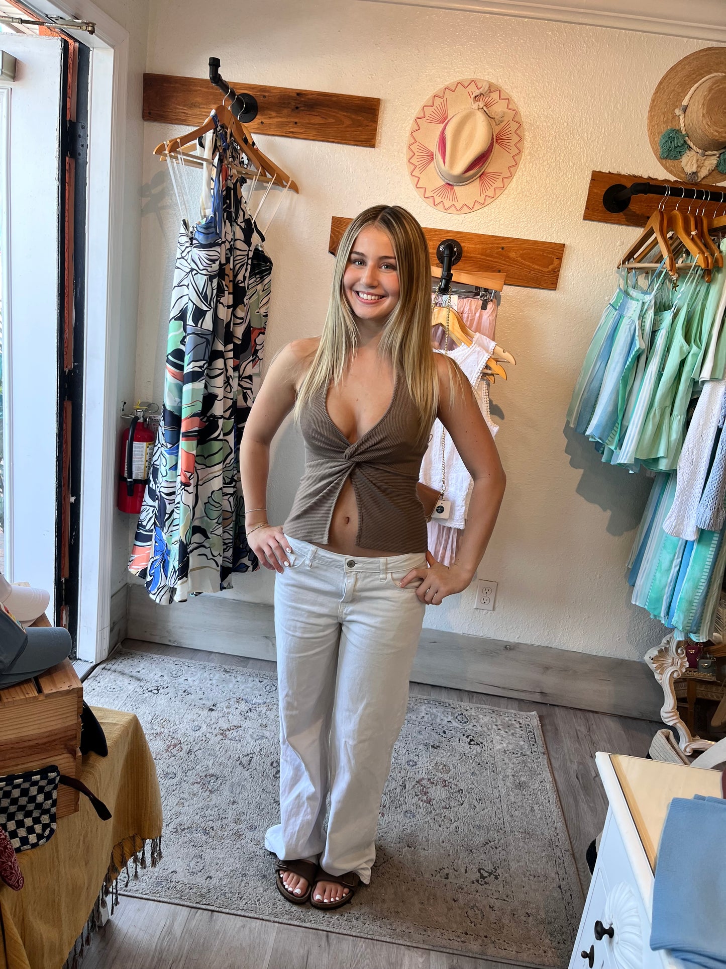 Rib Knit Halter Top-Mocha