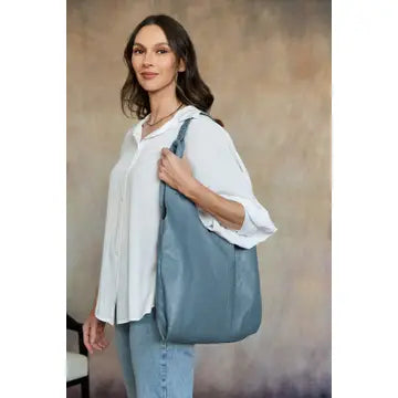 Leather Hobo Tote Bag-Dusty Blue