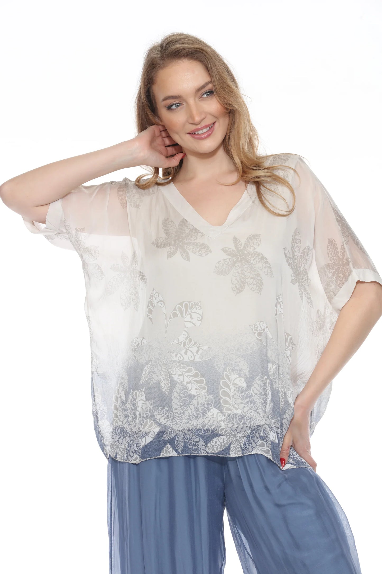 V-Neck Silk Print Top-Beige Print
