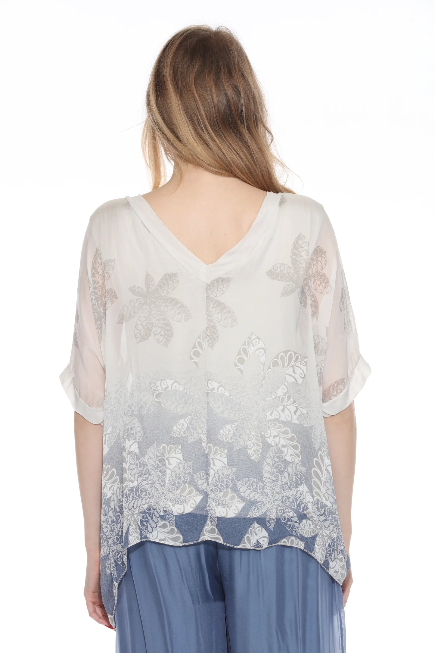 V-Neck Silk Print Top-Beige Print