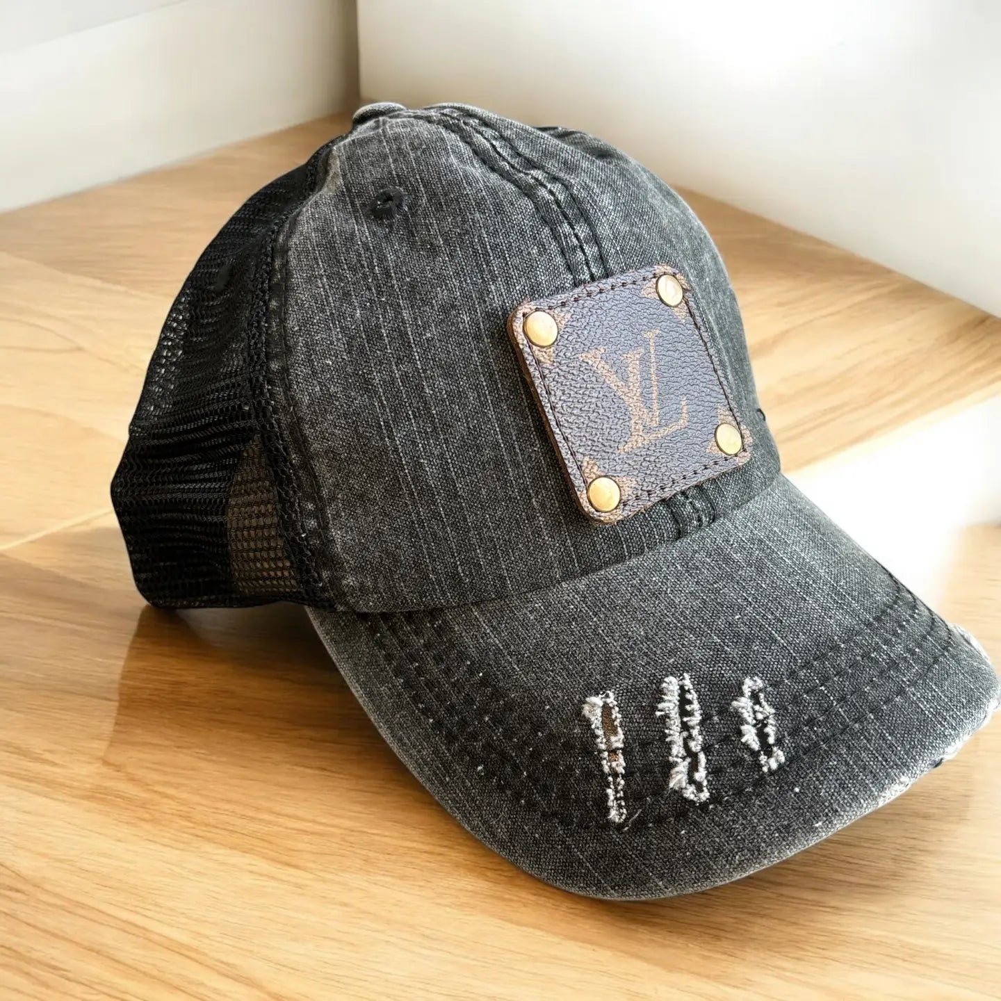 LV Upcycled Distressed Black Cap