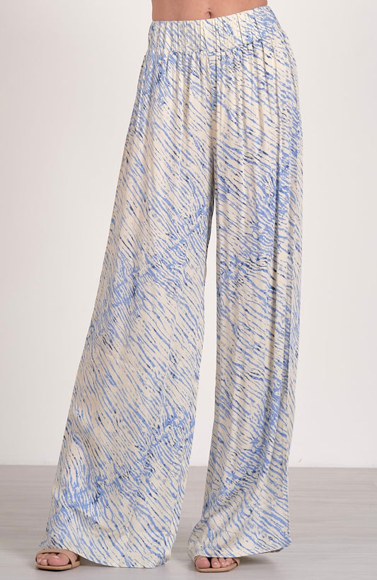 Wide Leg w/Elastic Waistband Pants-Blue Sahara