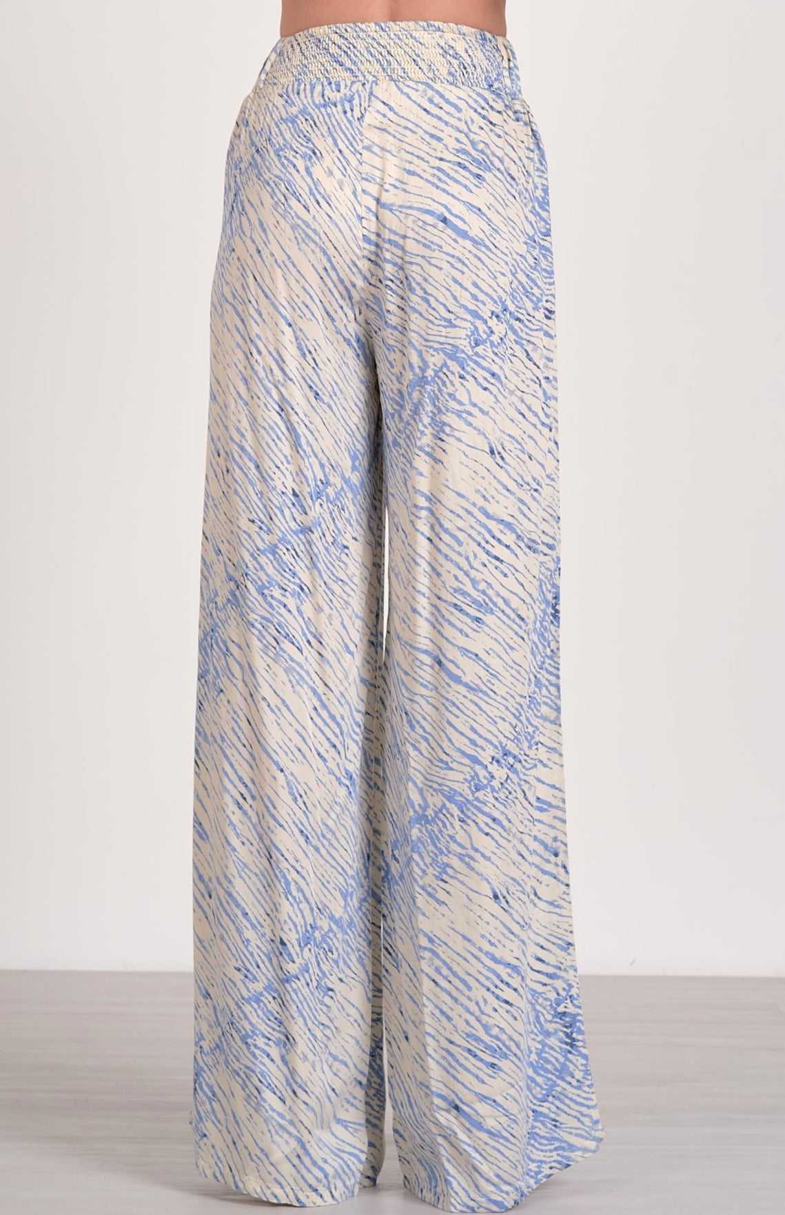 Wide Leg w/Elastic Waistband Pants-Blue Sahara