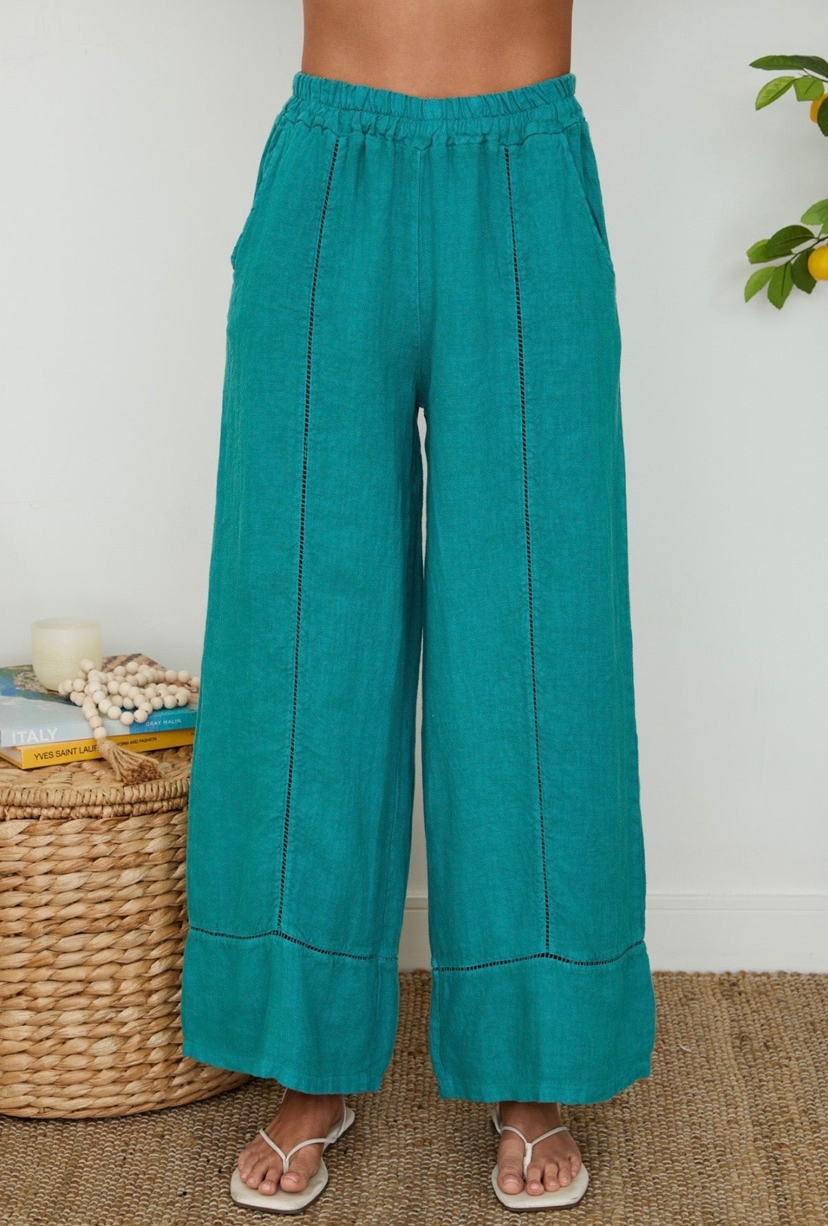 Linen Open Stitch Seam Detail Wide Leg Pants w/Pockets-Capri