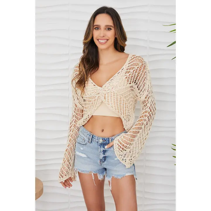 Crochet Twist Front V-Neck Bell Sleeve Top-Beige