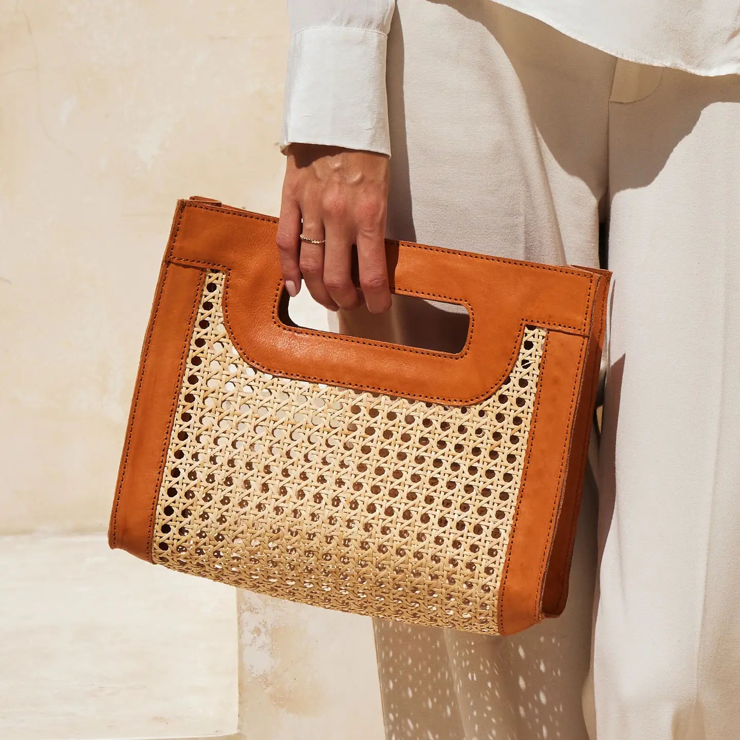 Rattan Cane Weave Handbag w/Brown Leather Trim