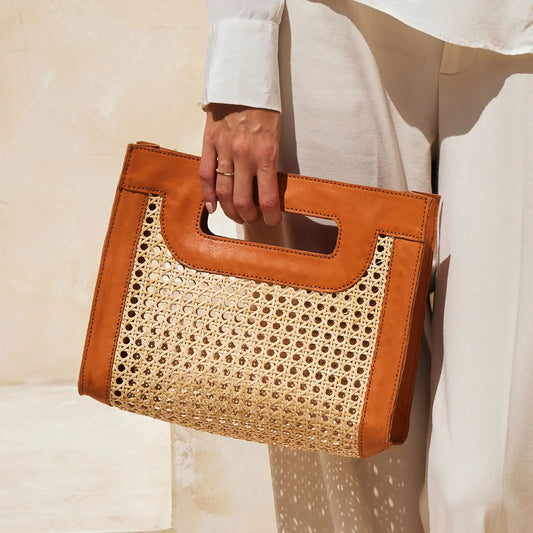 Rattan Cane Weave Handbag w/Brown Leather Trim