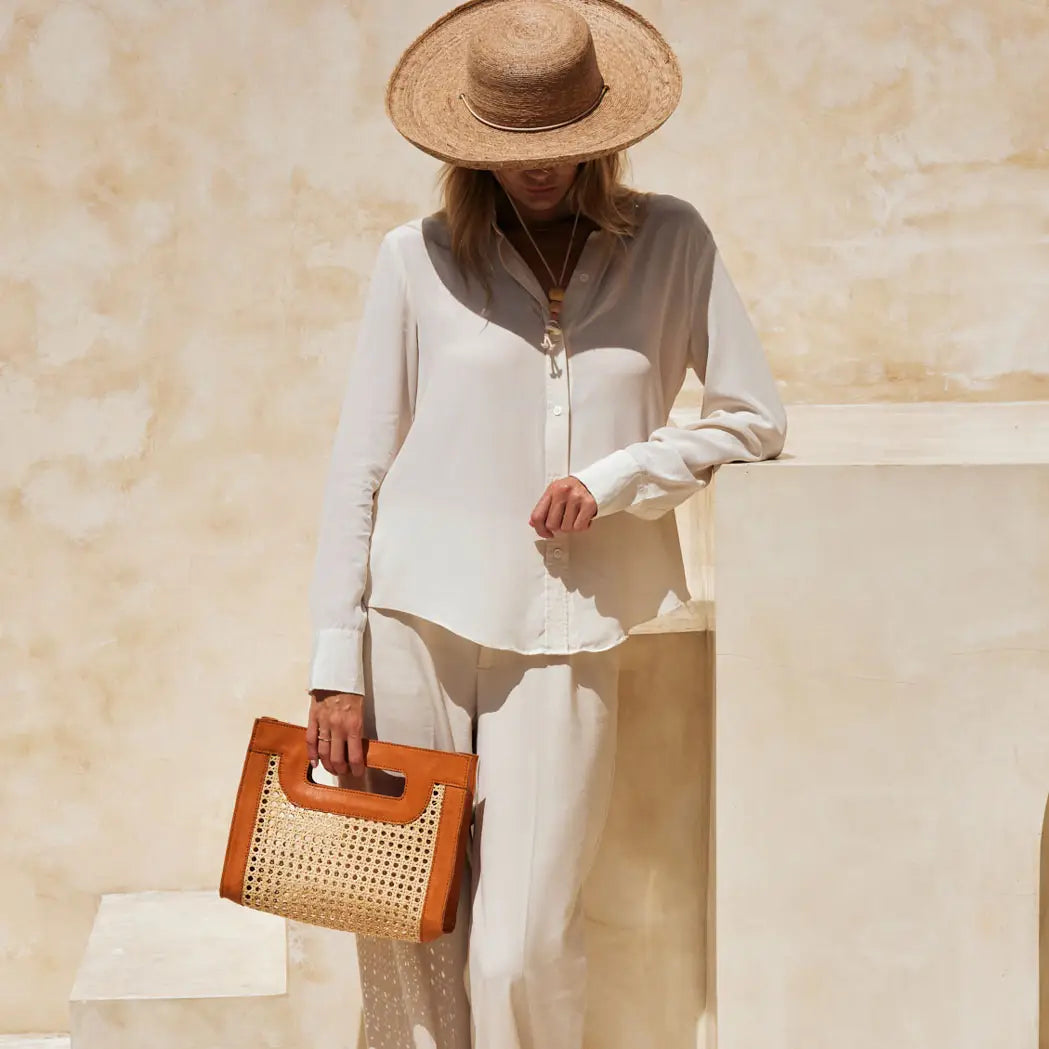 Rattan Cane Weave Handbag w/Brown Leather Trim