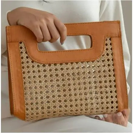 Rattan Cane Weave Handbag w/Brown Leather Trim