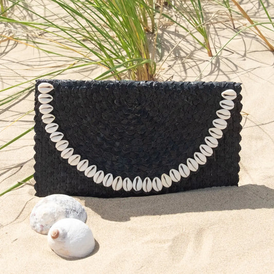 Straw Clutch-Black w/Cowrie Shell Trim
